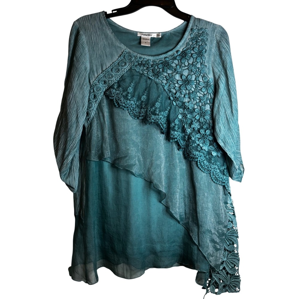 Feratelli Women's‎ Chiffon Tunic Top Small Blue Green Lace Embroidered